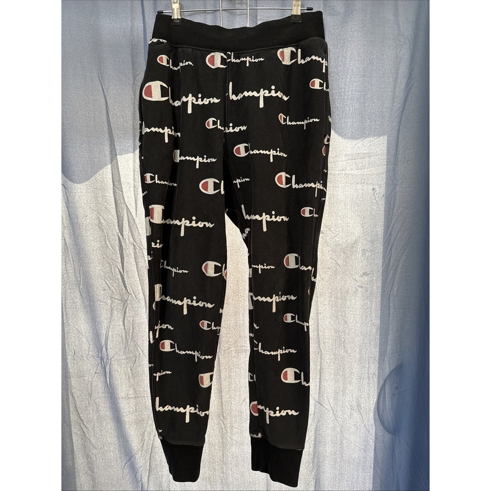 Vintage Champion Reverse Weave Joggers Sweat Pants Sz Med All Over Graphic Logo